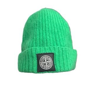 Stone Island 100% Wool Women's Green Logo Patch Rib Knit Beanie Hat One Size